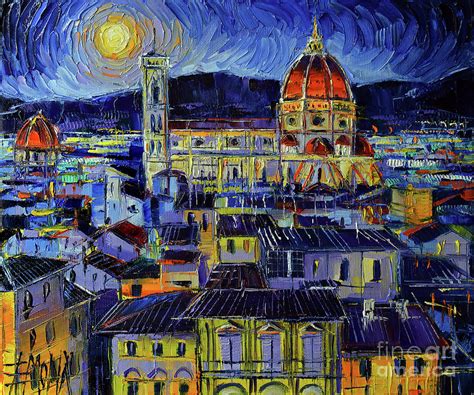 Florence Rooftops And Duomo Night View Painting By Mona Edulesco