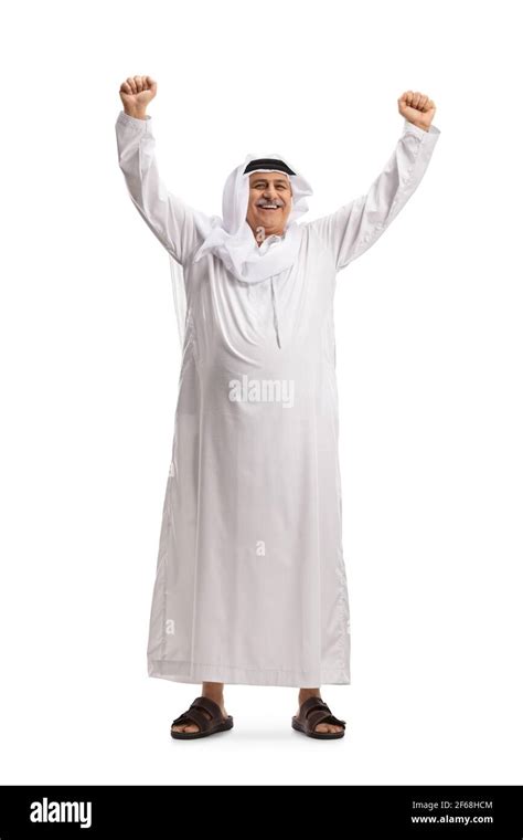 Full Length Portrait Of An Excited Mature Arab Man Gesturing Happiness