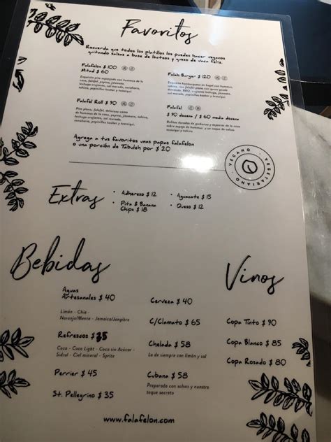 Menu at Falafelón restaurant Mexico City Antonio Dovali Jaime 70