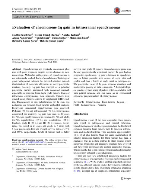 Evaluation Of Chromosome 1q Gain In Intracranial Ependymomas Request Pdf