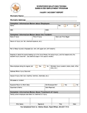 Fillable Online Injury Incident Report Form Fax Email Print PdfFiller