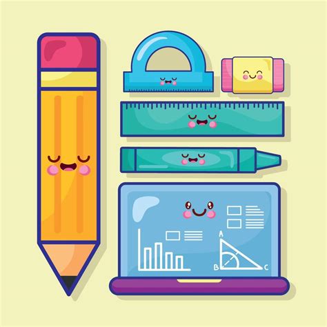 Six School Supplies Kawaii Vector Art At Vecteezy