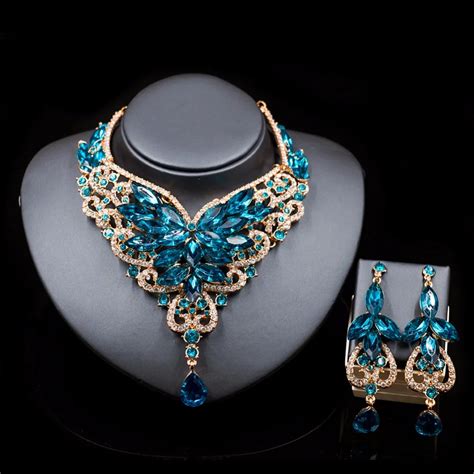 Fashion Indian Jewelry Set Dubai Crystal Necklace Earrings Bridal