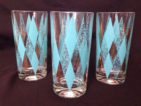 4 Turquoise Blue And Gold Diamond Pattern Drinking Glasses Vtg Retro Mid Century Blue Glassware