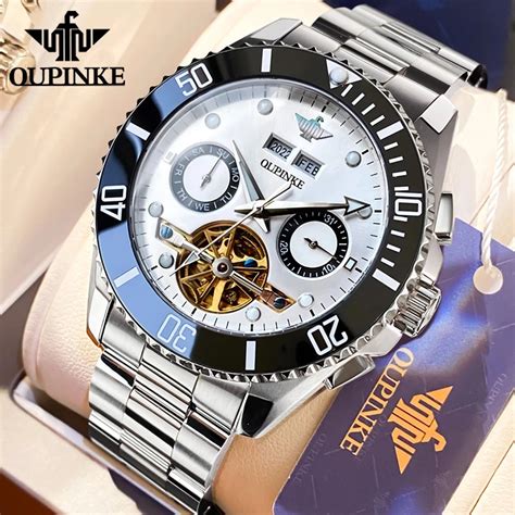 Oupinke Auto Mechanical Watch For Men White Black Panda Eye Skeleton