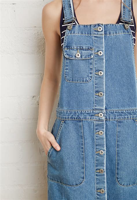 Lyst Forever 21 Buttoned Denim Overall Dress In Blue