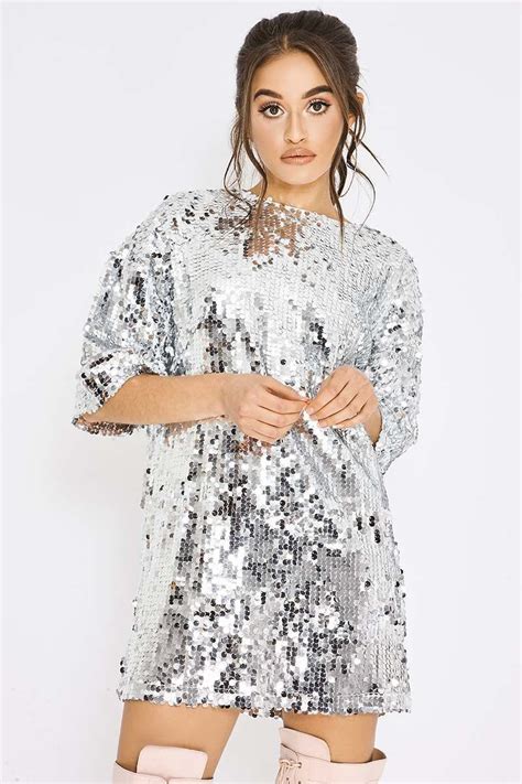 Silver Sequin Oversized T Shirt Dress In Sequin T Shirt Dress