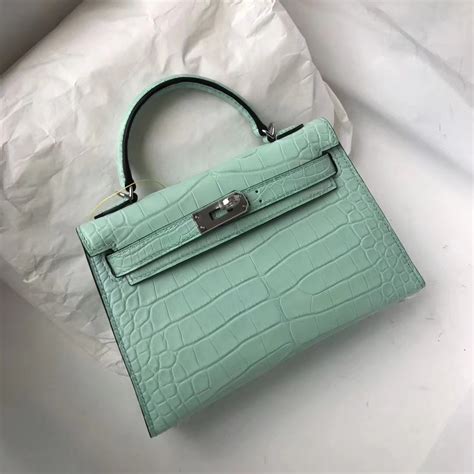 New Hermes 6u Mint Green Crocodile Matt Leather Minikelly 2 Evening Bag