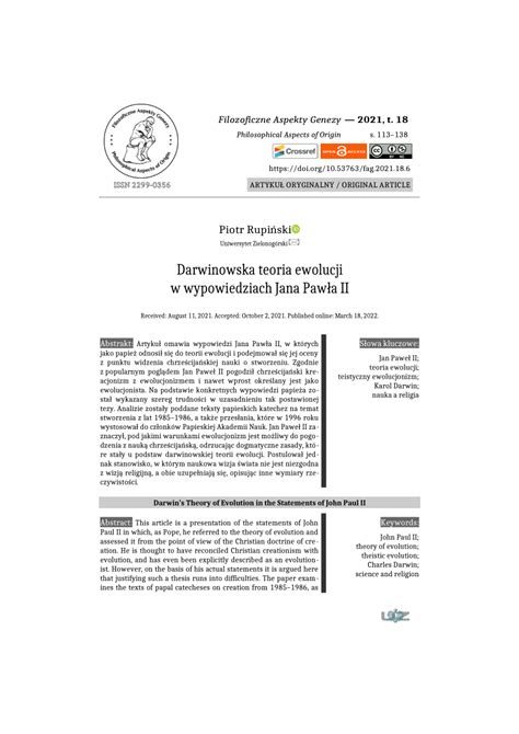 PDF Darwinowska teoria ewolucji w wypowiedziach Jana Pawła II