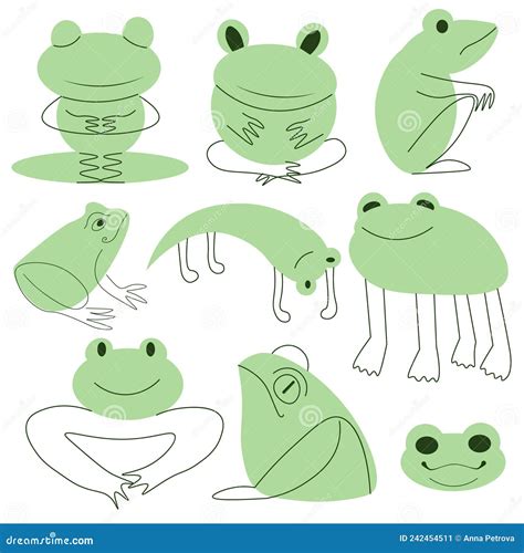 Set Of Green Frogs In Different Poses And With Various Emotions Funny