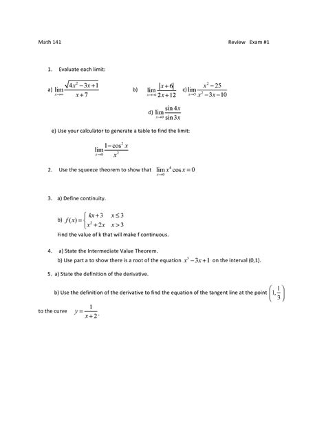 Math 141 Review For Exam 1 Math 141 Review Exam 1 Evaluate Each