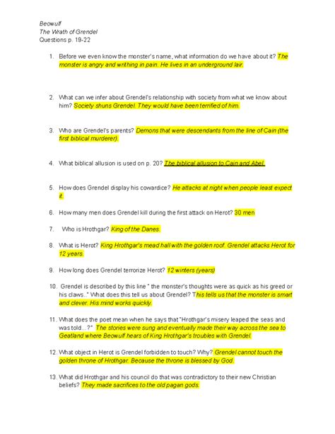 Beowulf Study Guide Beowulf The Wrath Of Grendel Questions P 19