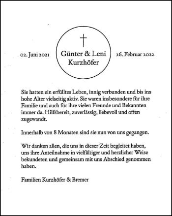 Traueranzeigen Von G Nter Und Leni Kurzh Fer Trauer In Nrw De