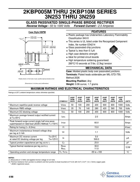 2KBP02M Datasheet PDF GLASS PASSIVATED SINGLE PHASE BRIDGE RECTIFIER