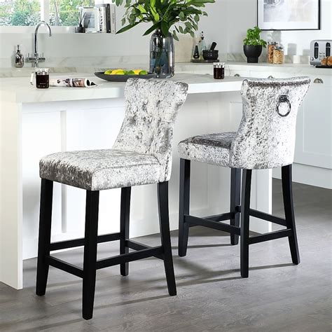 Belgrave Bar Stool Silver Crushed Velvet And Black Solid Hardwood Only £