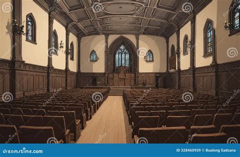 Grand Church Interior With High Vaulted Ceilings Stained Glass Windows