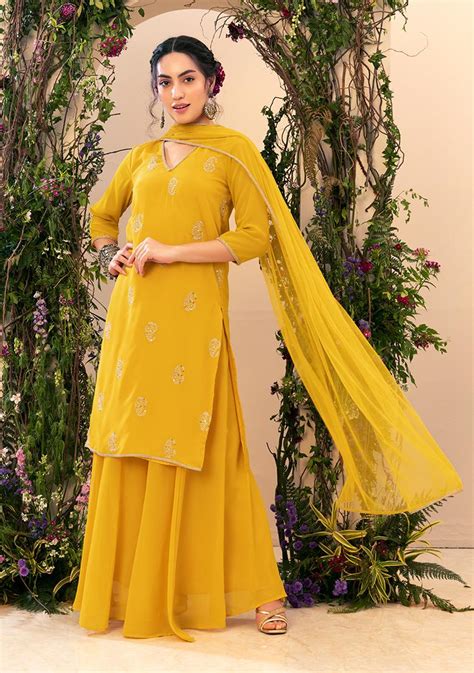 Buy Women Mustard Yellow Sequin Embroidered Kurta With Pants And