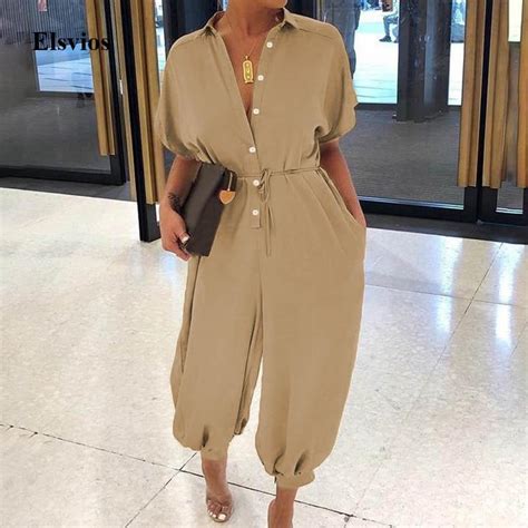 Kaufe Sexy V Ausschnitt Button Schnür Up Jumpsuit Sommer Kurzarm Loose Playsuit Overall Damen