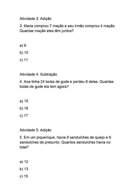 Avaliação De Adição E Subtração Para 3º Ano Do Ensino Fundamental Com