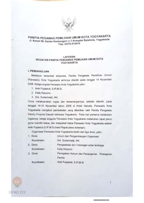 Laporan Kegiatan Panitia Pengawas Pemilihan Umum Kota Yogyakarta Bulan