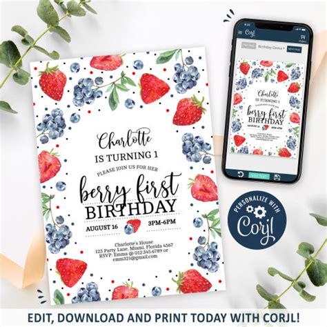 Editable Berry Sweet Birthday Invitation Blueberry Strawberry Etsy