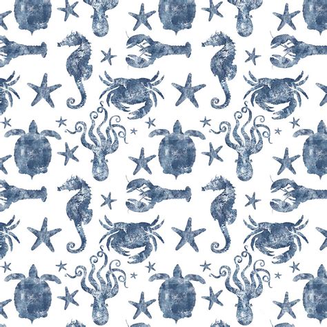 Delft Blue Nautical Marine Life Pattern Coastal Beach Digital Art By