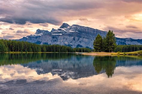 Premium Photo Mount Rundle Reflection On Two Jack Lake In Evening At