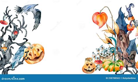 Banner Of Colorful Halloween Watercolor Illustration Isolated On White Background Stock Image