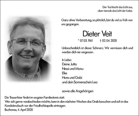 Traueranzeigen Von Dieter Veit Vrm Trauerde