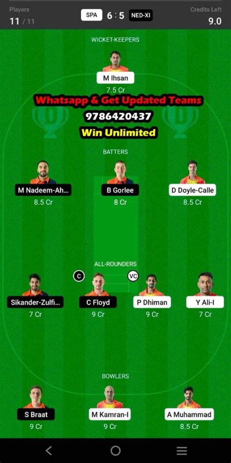 SPA Vs NED XI 15th Match Dream11 Team Fantasy Prediction Dream11 ECC