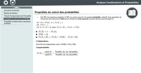 Propriétés du calcul des probabilités Analyse Combinatoire et