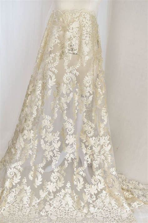 Light Gold Floral Lace Fabric Ivory Alencon Alice Tulle Luxurious