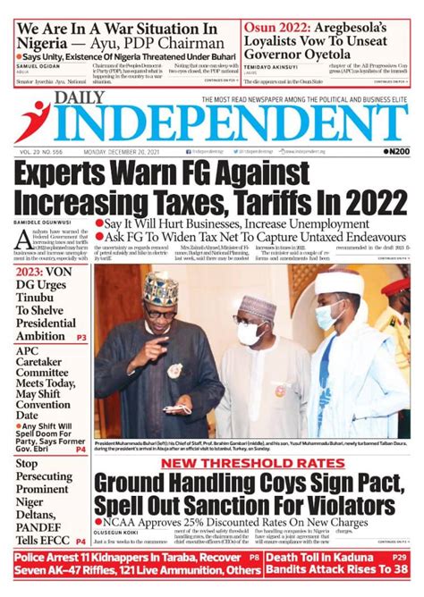 Nigerian Newspapers Daily Front Pages Review Monday 20 December 2021