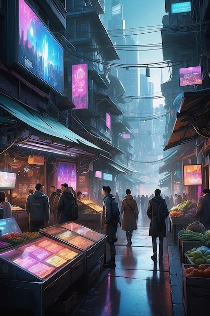 Premium Photo A Bustling Cyberpunk Street Market Filled With