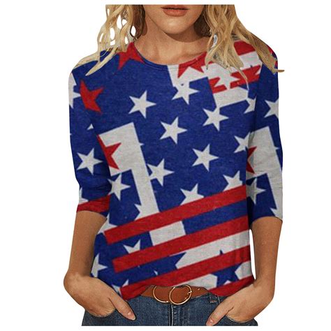 Fanxing Womens Retro 4th Of July Shirts American Flag Parade Casual 34 Length Sleeve Tops