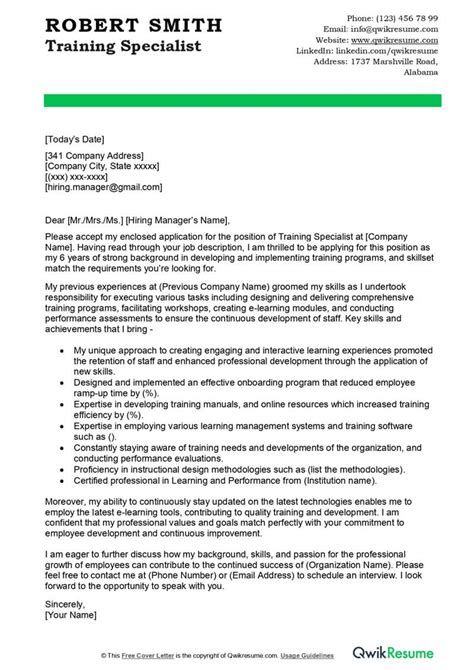 Training Specialist Cover Letter Examples Qwikresume