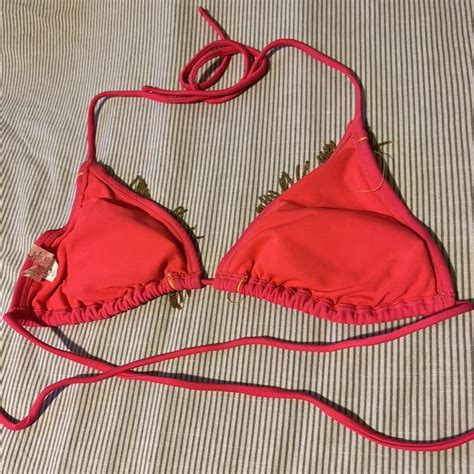 Hot Pink Triangle Bikini Top With Gold Beading Depop