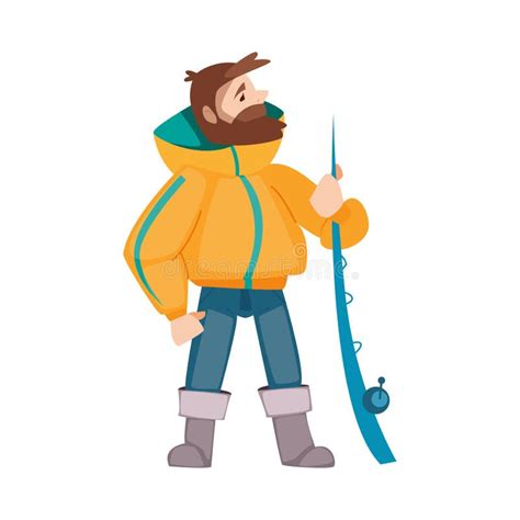 Bearded Fisherman Standing With Rod Engaged In Capturing Fish Vector