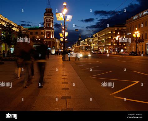 Nevsky Prospekt With Gostiny Dvor And Formal Duma In The Night In Saint