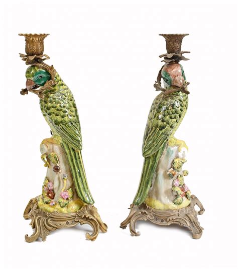 Pair French Porcelain Parrot Candle Holders Candelabras