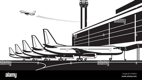 Passenger Aircrafts At Airport Terminal Vector Illustration Stock