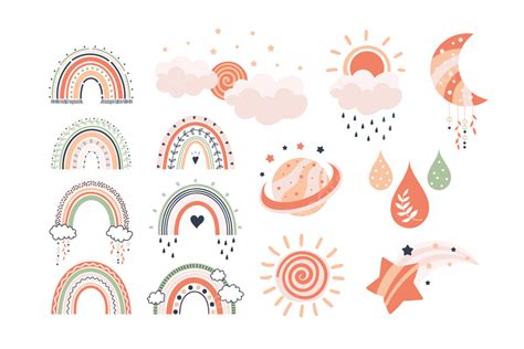 Boho Clouds Doodle Sun Rainbow Decor Prints Sun Png And Vector With