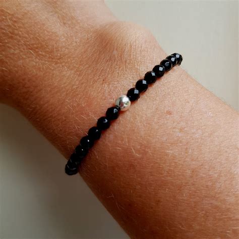 Black Onyx Stretch Bracelet Sterling Silver Or Gold Fill Small Black Gemstone Bead Bracelet 4mm