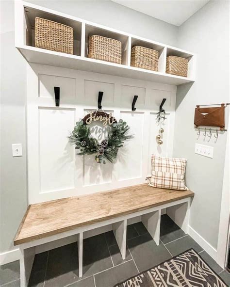 Minimalist Farmhouse Mudroom With Light Wood Bench Soul Lane