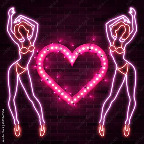 Shiny Heart Banner Advertisement With Neon Silhouette Of Sexy Girl