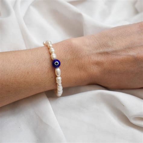 Blue Evil Eye Pearl Bracelet Protection Jewelry Real Freshwater Pearl