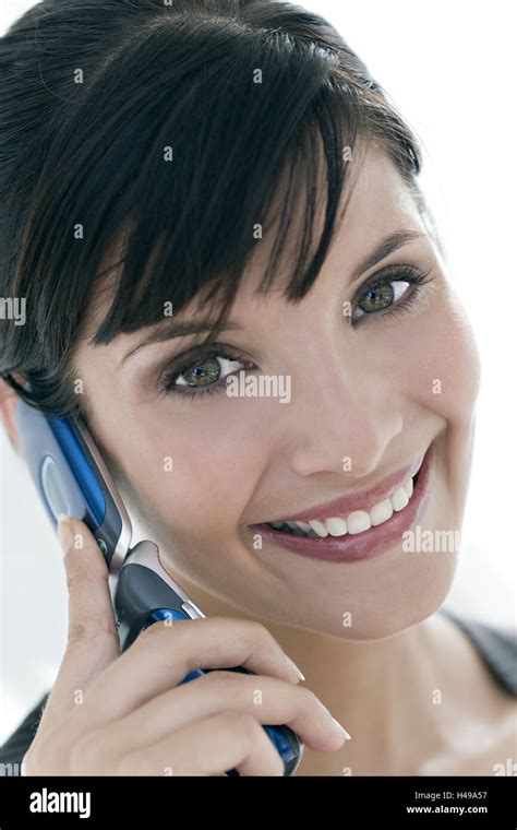 Woman Young Smile Mobile Phone Call Up Portrait Curled Model