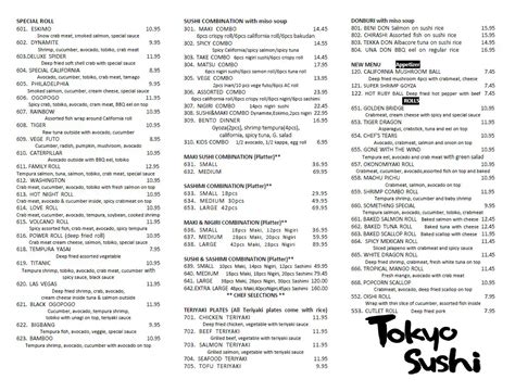 Menu at Tokyo Sushi restaurant, Winnipeg, Portage Ave