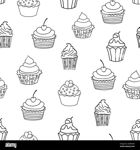 Sweet Pattern Doodle Seamless Pattern With Cupcakes On White