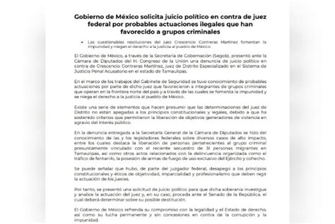 Gobierno presenta solicitud de juicio político contra juez de Tamaulipas